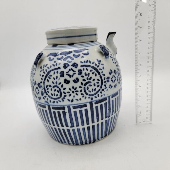 Vintage Chinese Blue & White Ceramic Water Jug Wine Pot w Spout - Picture 7 of 7